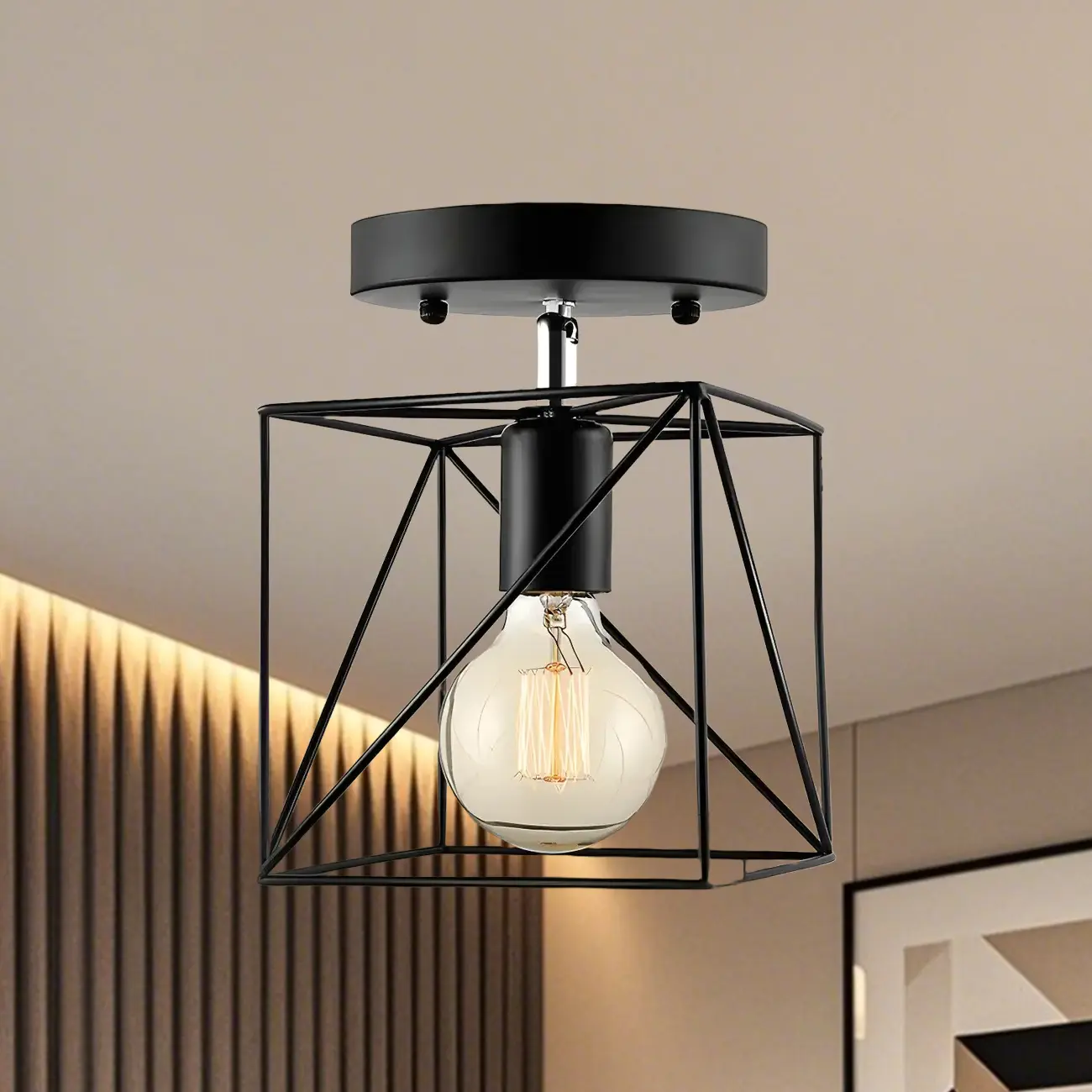 Black Geometric Metal Industrial Semi Flush Ceiling Light Image - 2 | homeyfad