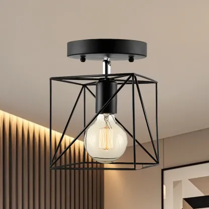Black Geometric Metal Industrial Semi Flush Ceiling Light Image - 2