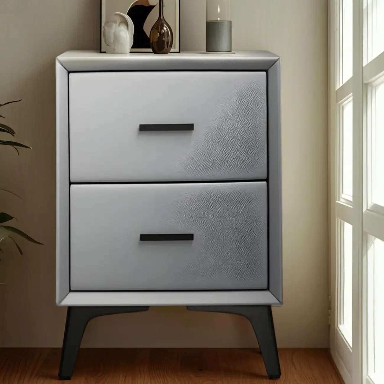 Modern Grey Metal Bedside Table with 2 Drawers Image - 6