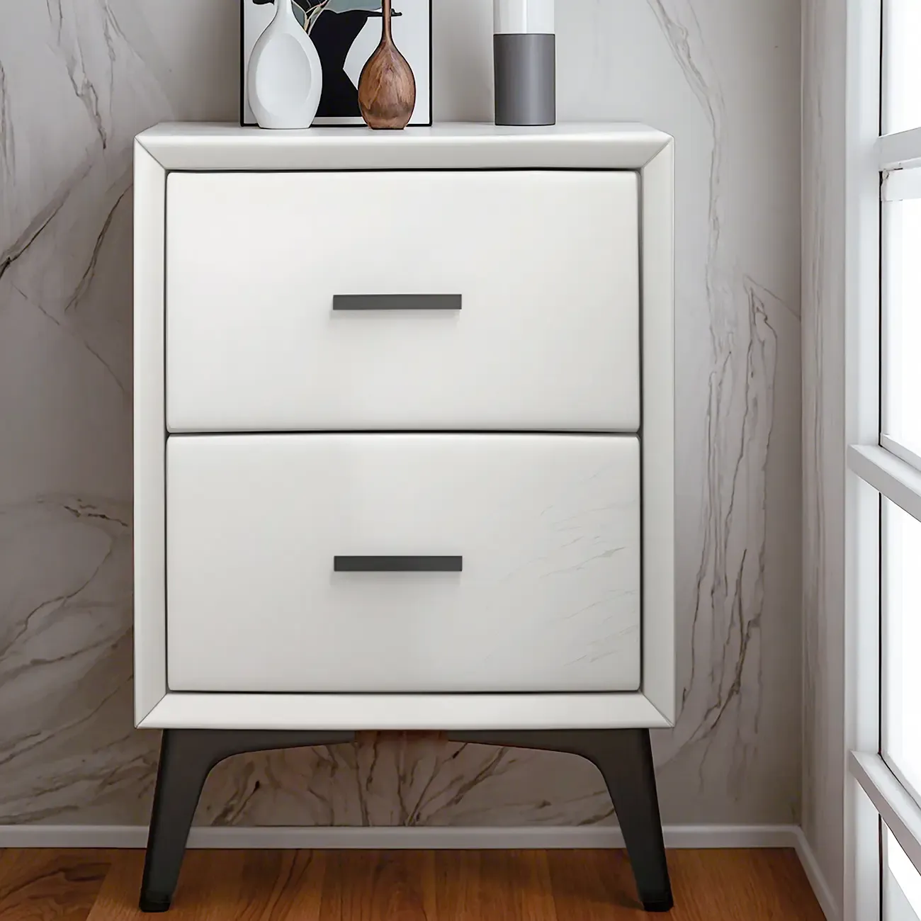 Modern Grey Metal Bedside Table with 2 Drawers Image - 1