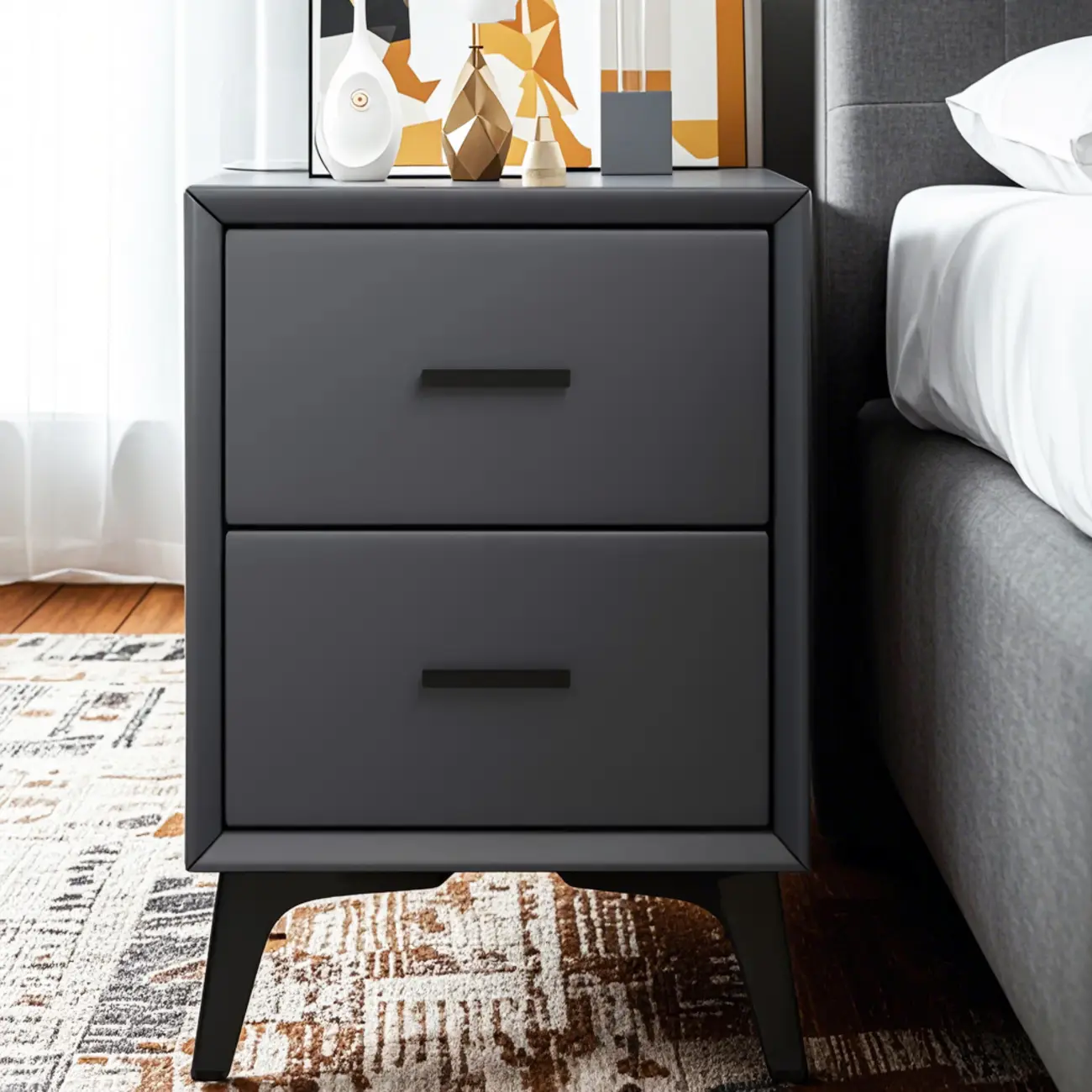 Modern Grey Metal Bedside Table with 2 Drawers Image - 2 | homeyfad