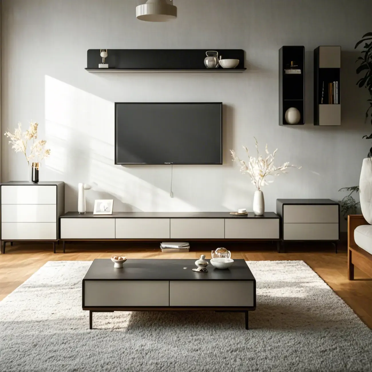 Modern Minimalist Wood Black Coffee Table with Drawers & Legs Image - 1