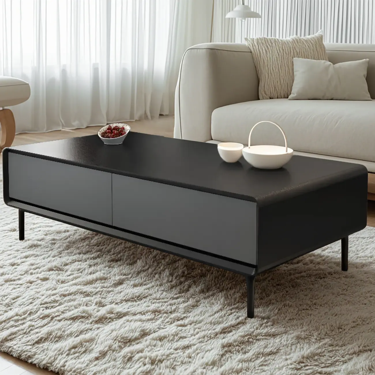 Modern Minimalist Wood Black Coffee Table with Drawers & Legs Image - 2 | homeyfad