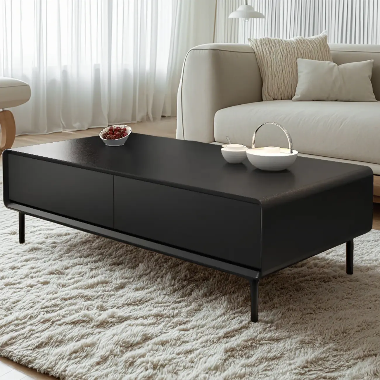 Modern Minimalist Wood Black Coffee Table with Drawers & Legs Image - 3 | homeyfad