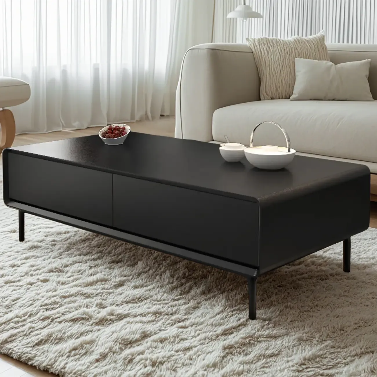 Modern Minimalist Wood Black Coffee Table with Drawers & Legs Image - 3