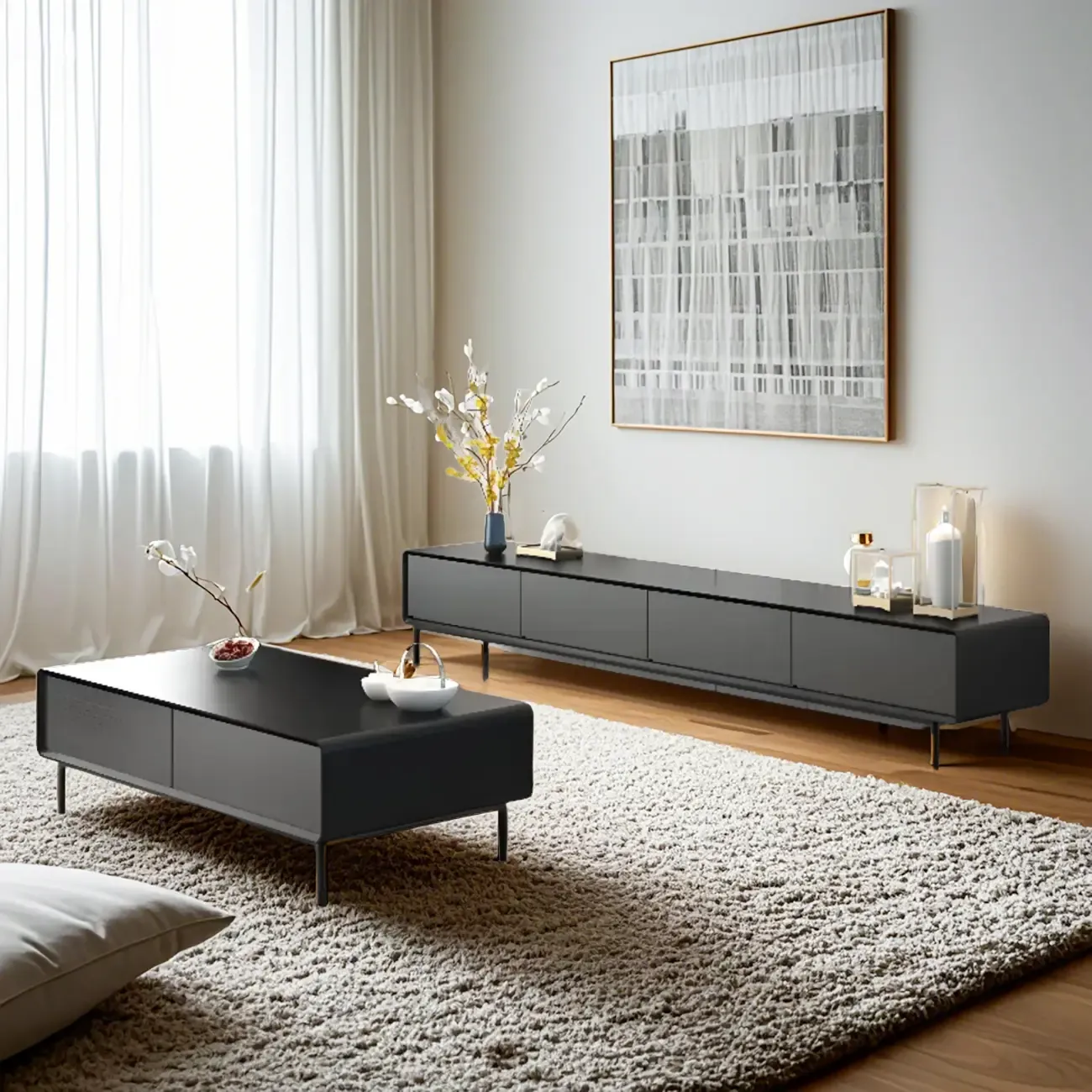 Modern Minimalist Wood Black Coffee Table with Drawers & Legs Image - 4