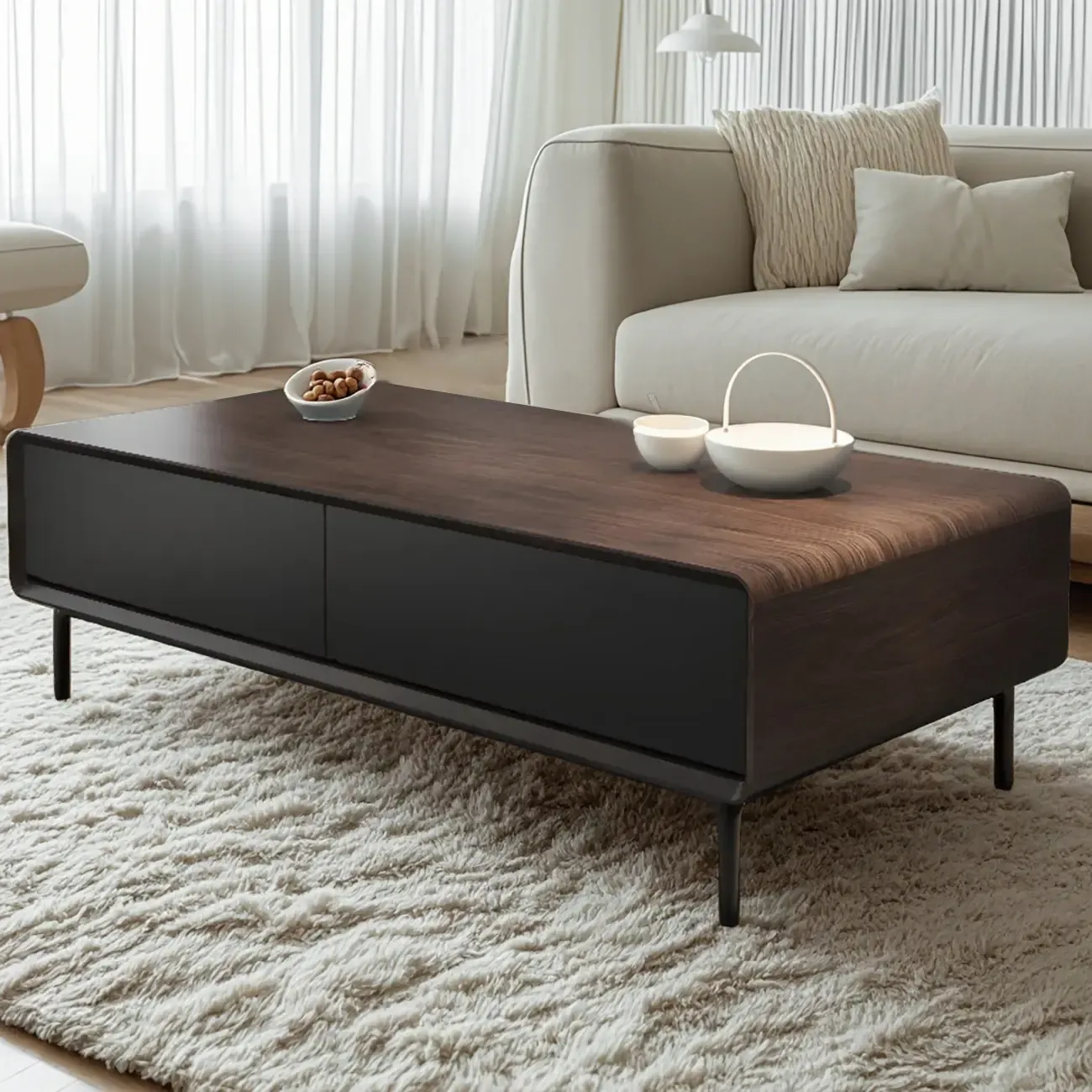 Modern Minimalist Wood Black Coffee Table with Drawers & Legs Image - 5