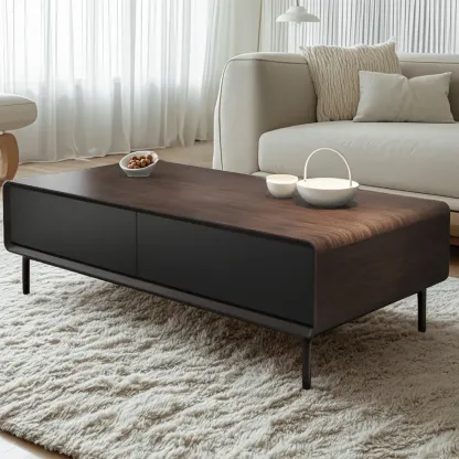 Modern Minimalist Wood Black Coffee Table with Drawers & Legs Image - 5
