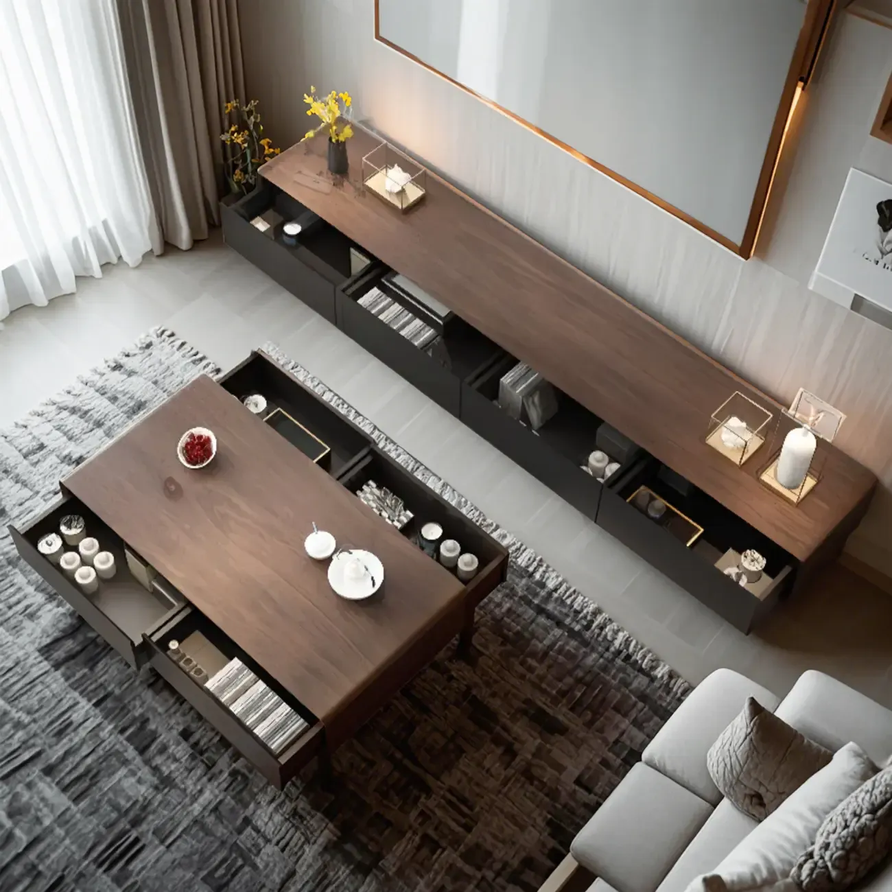 Modern Minimalist Wood Black Coffee Table with Drawers & Legs Image - 6