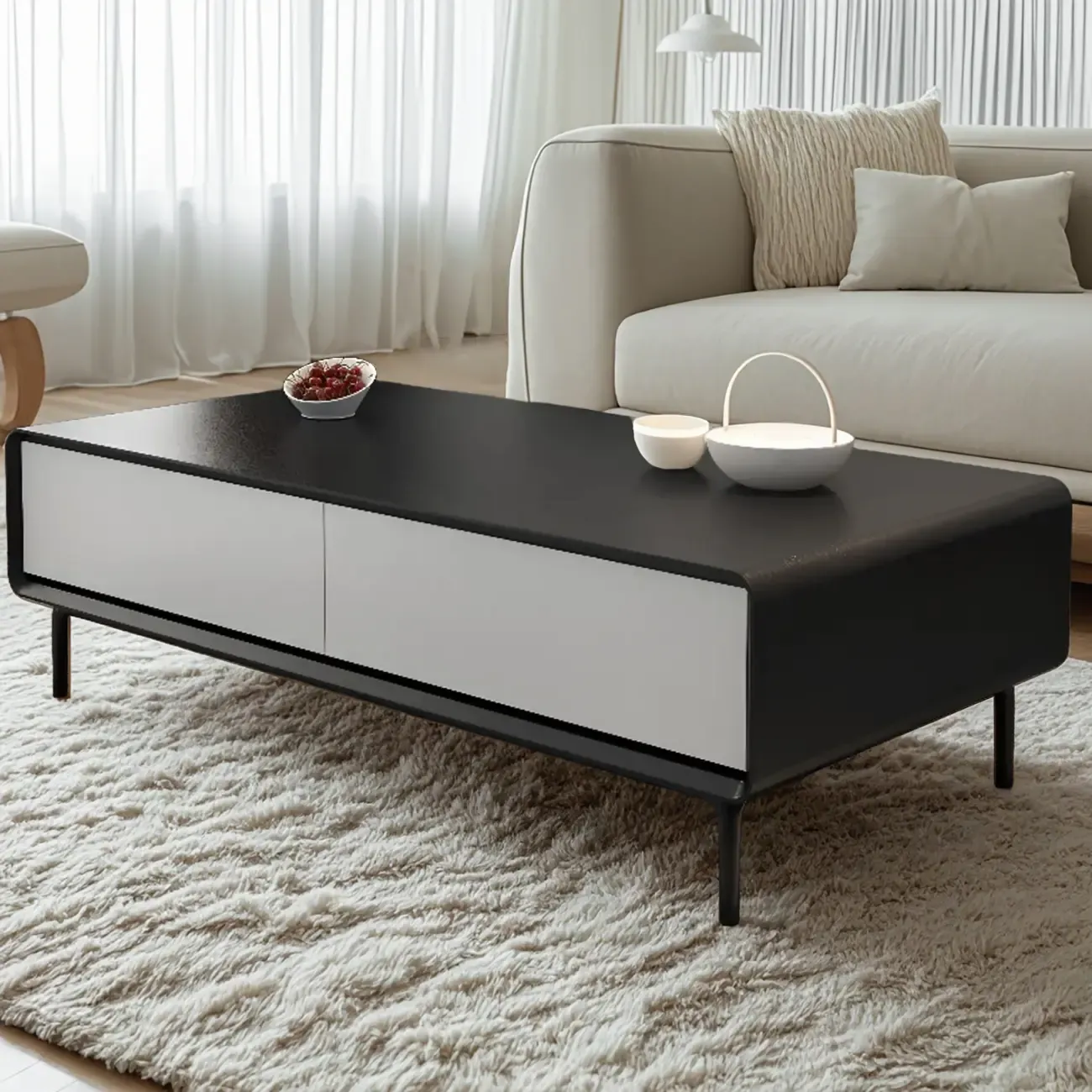 Modern Minimalist Wood Black Coffee Table with Drawers & Legs Image - 7