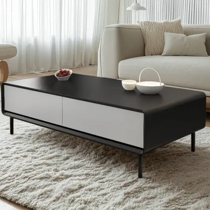 Modern Minimalist Wood Black Coffee Table with Drawers & Legs Image - 7