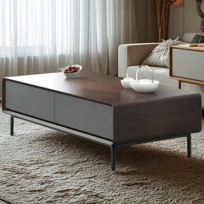 Modern Minimalist Wood Black Coffee Table with Drawers & Legs Image - 9