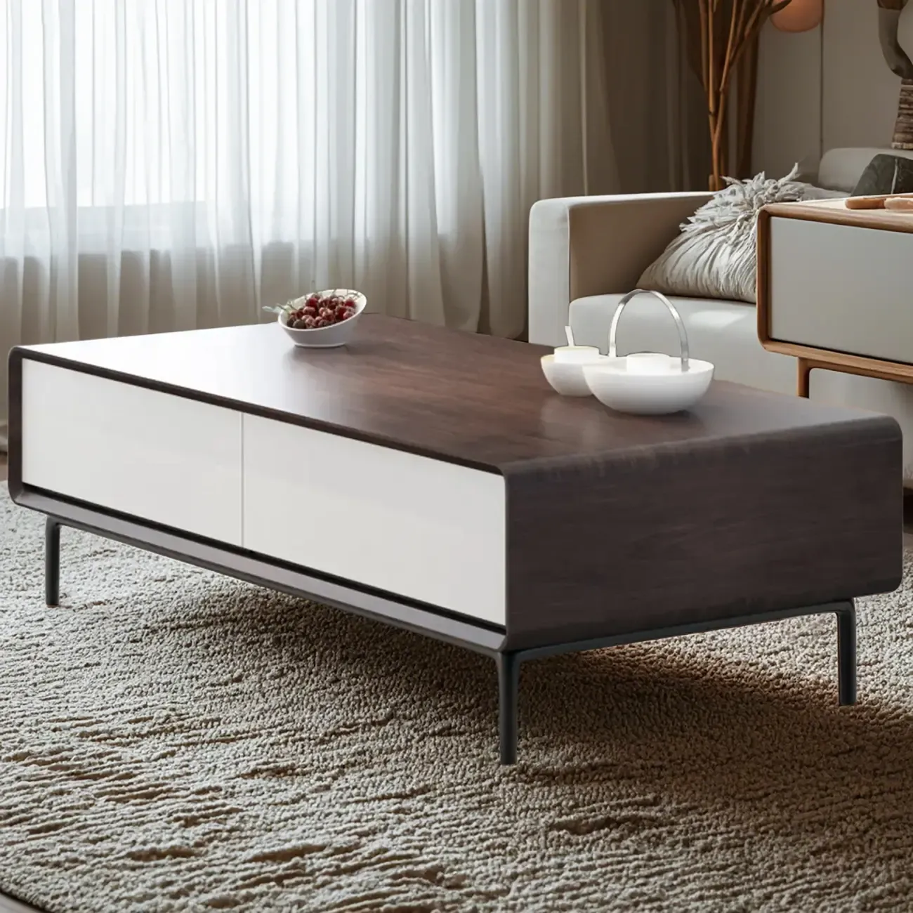 Modern Minimalist Wood Black Coffee Table with Drawers & Legs Image - 12