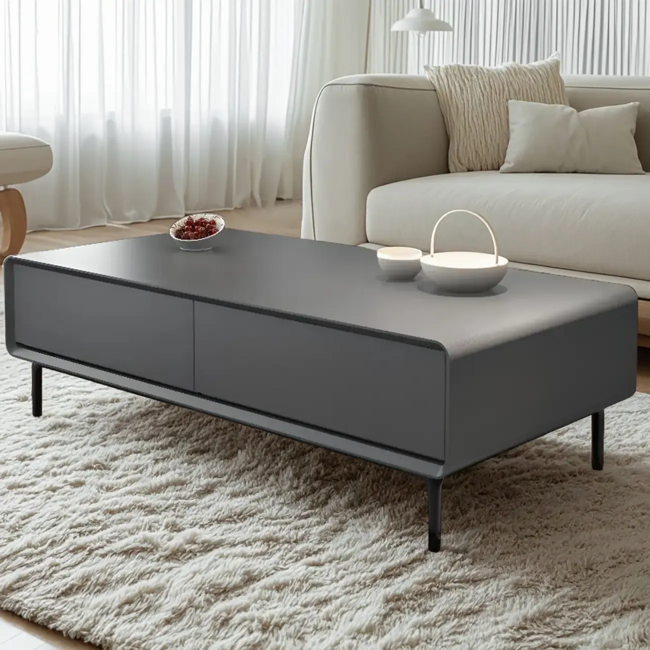 Modern Minimalist Wood Black Coffee Table with Drawers & Legs Image - 13