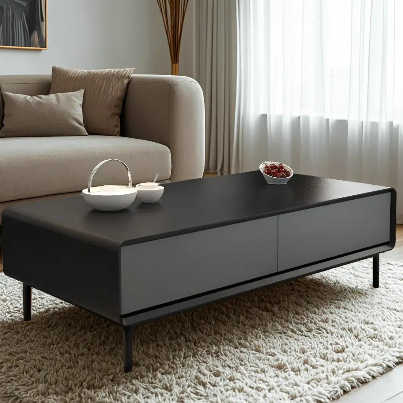 Modern Minimalist Wood Black Coffee Table with Drawers & Legs Image - 15