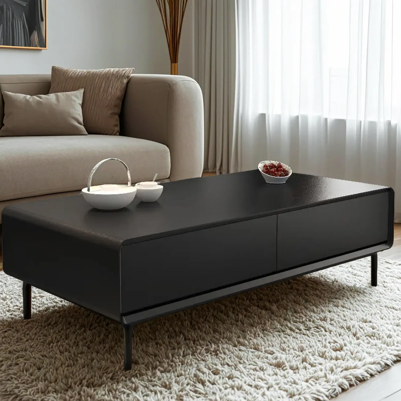 Modern Minimalist Wood Black Coffee Table with Drawers & Legs Image - 16 | homeyfad