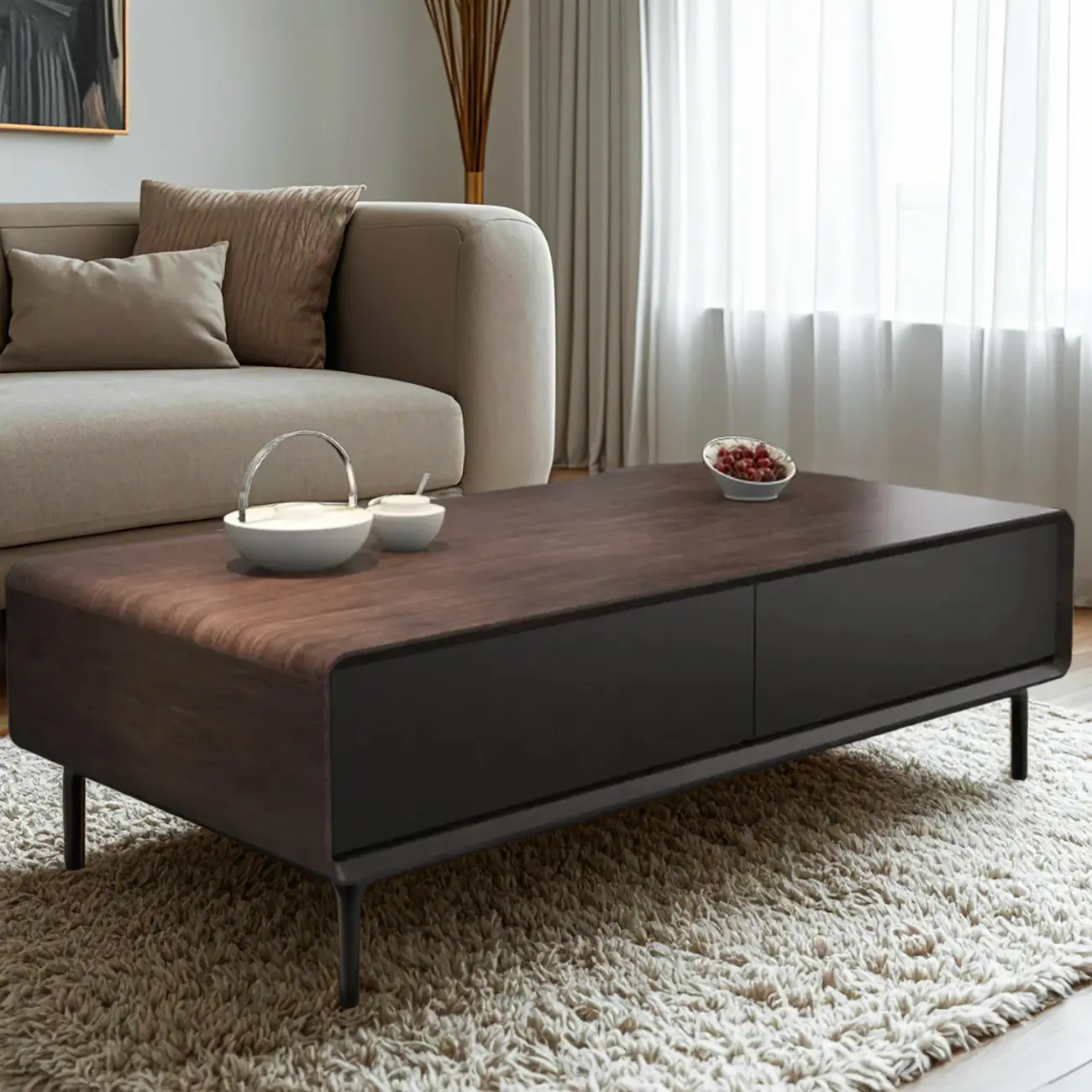 Modern Minimalist Wood Black Coffee Table with Drawers & Legs Image - 17 | homeyfad