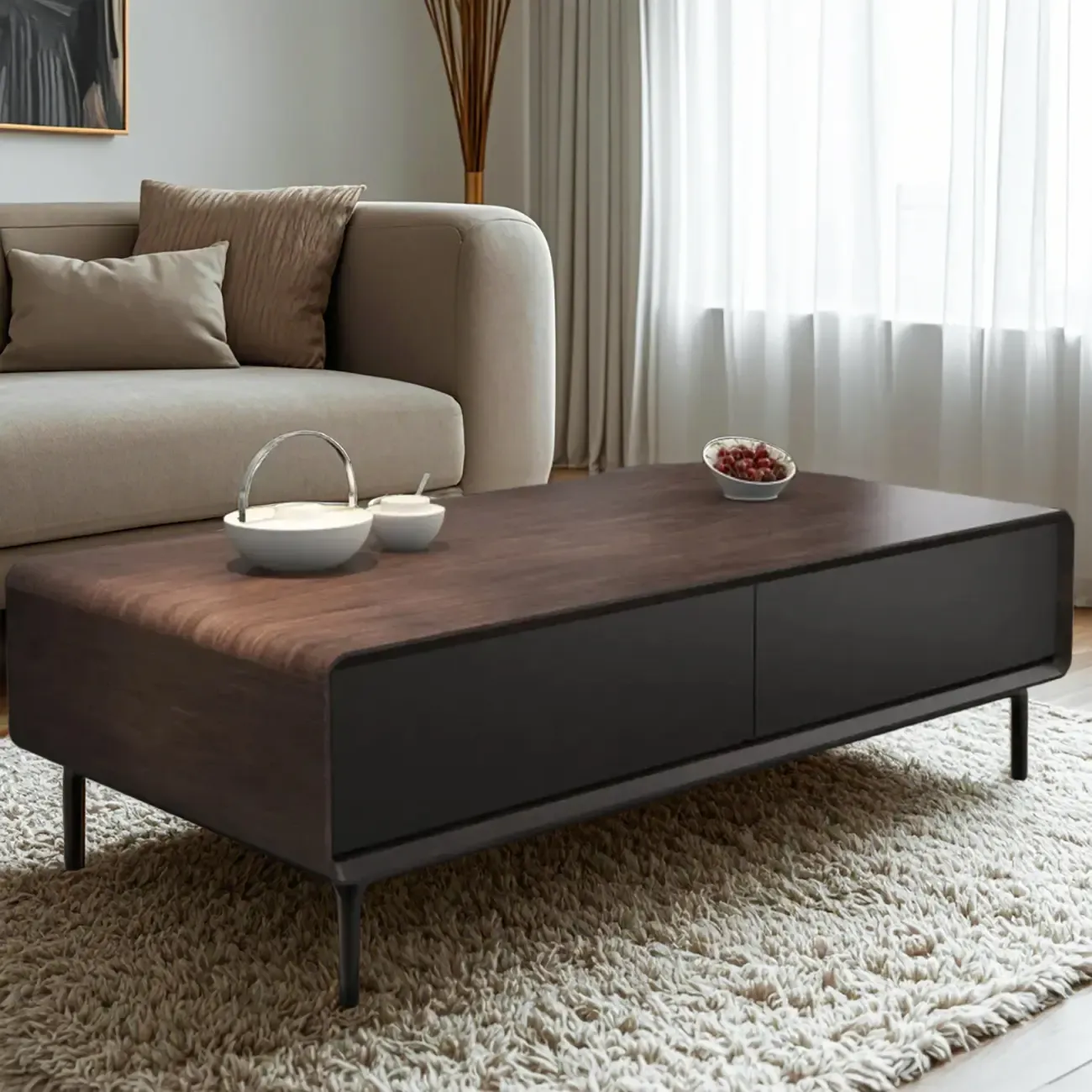 Modern Minimalist Wood Black Coffee Table with Drawers & Legs Image - 17