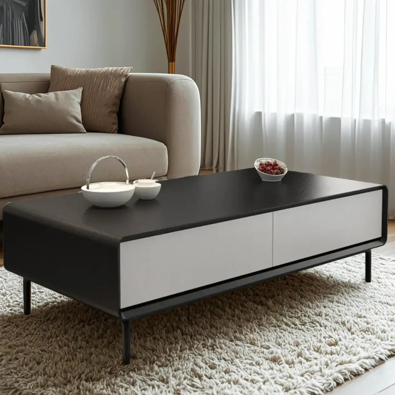 Modern Minimalist Wood Black Coffee Table with Drawers & Legs Image - 18