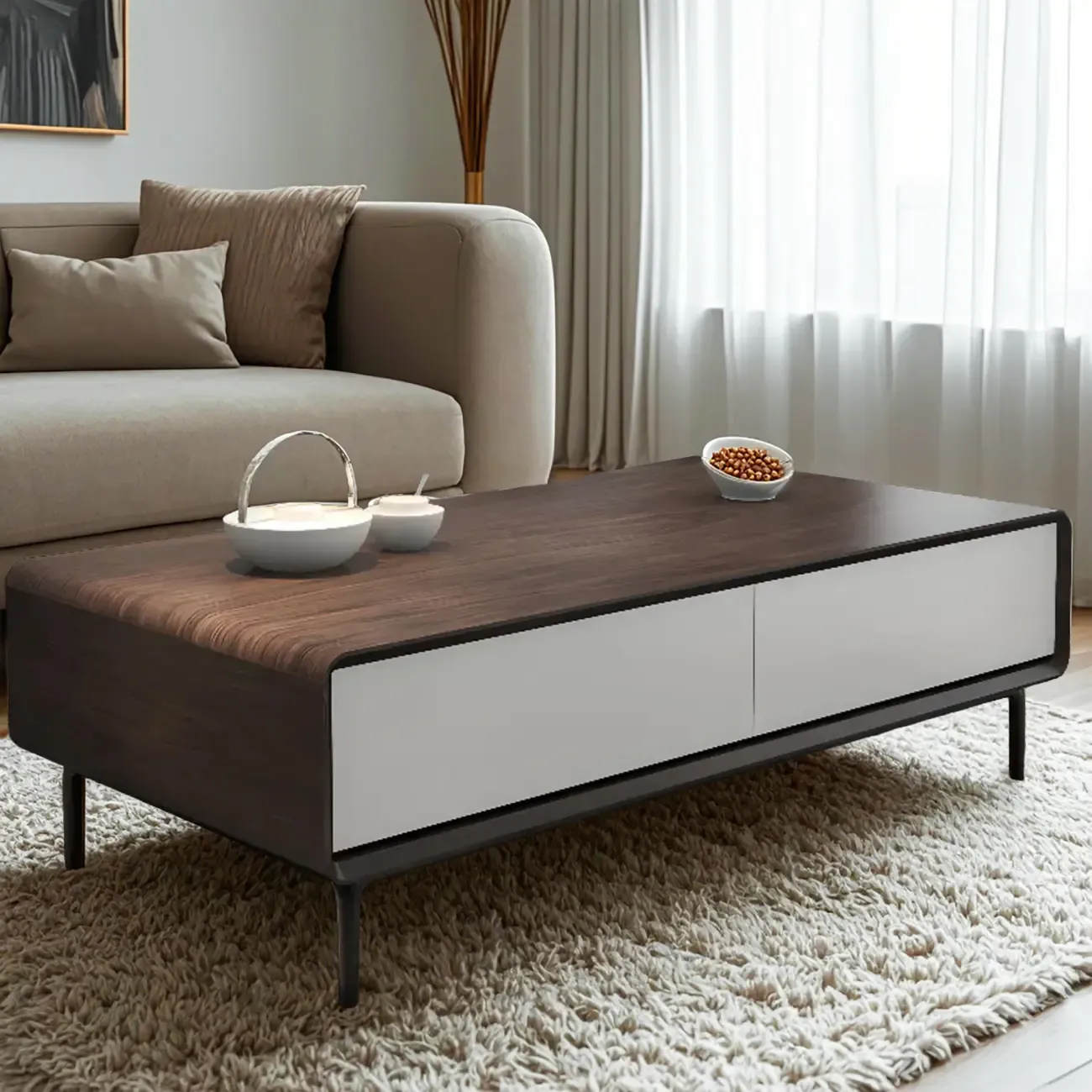 Modern Minimalist Wood Black Coffee Table with Drawers & Legs Image - 20