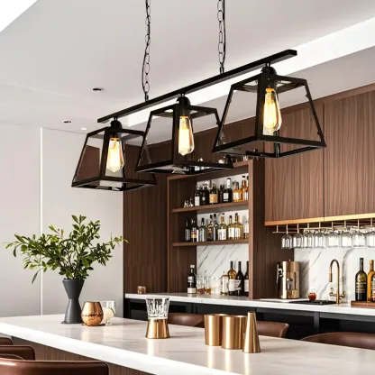 Industrial Black Metal 3-Light Pyramid Island Pendant Light Image - 1