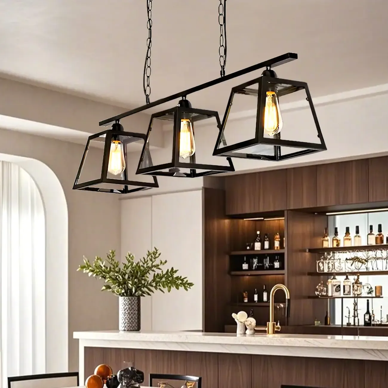Industrial Black Metal 3-Light Pyramid Island Pendant Light Image - 2