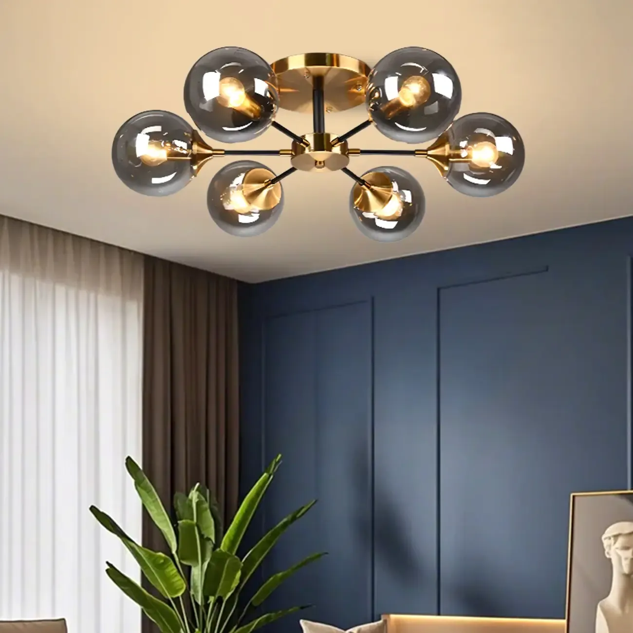 6-Light Smoke Grey Glass Globe Modern Semi Flush Ceiling Light Image - 1