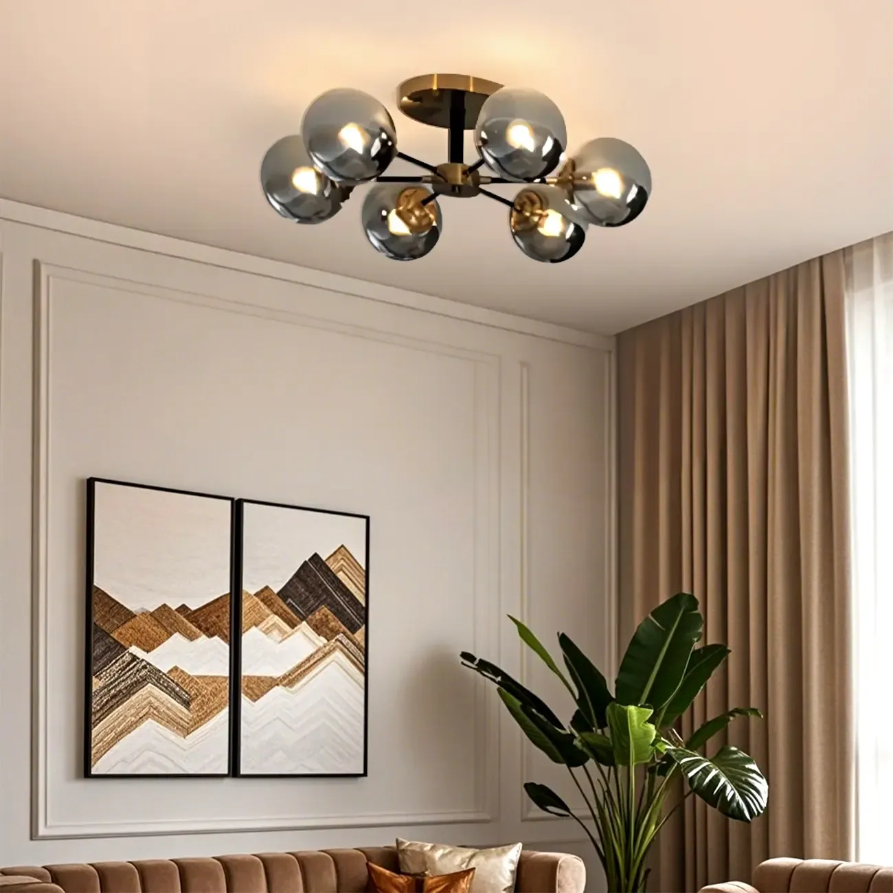 6-Light Smoke Grey Glass Globe Modern Semi Flush Ceiling Light Image - 2