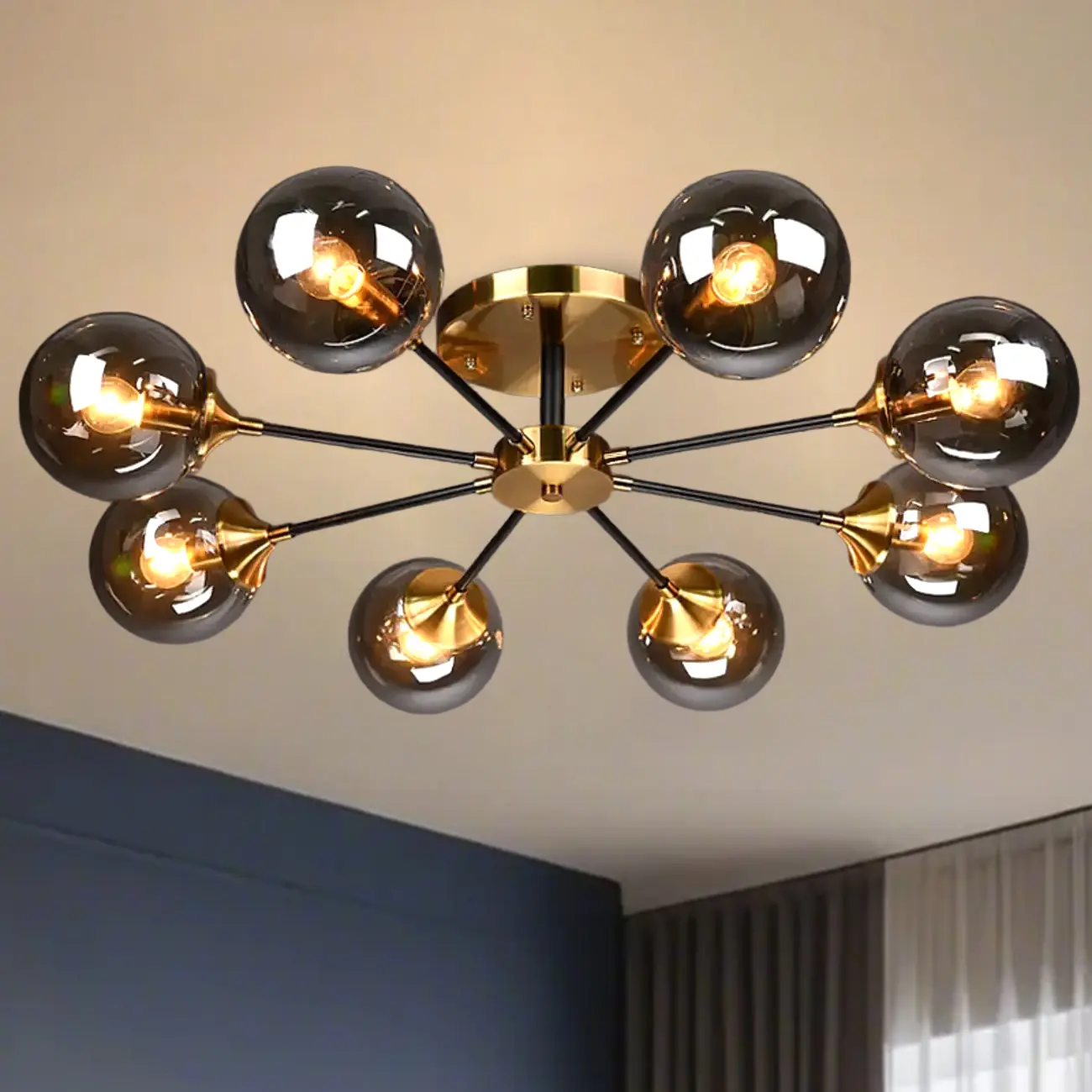 6-Light Smoke Grey Glass Globe Modern Semi Flush Ceiling Light Image - 12 | homeyfad
