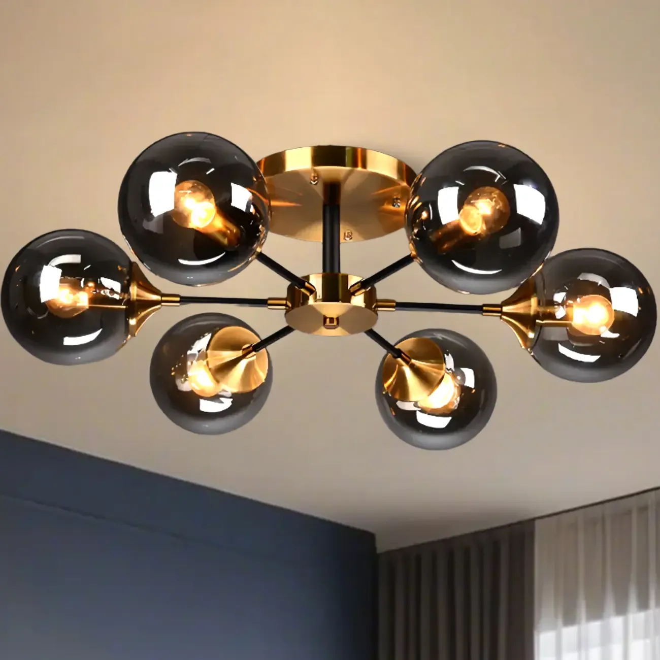 6-Light Smoke Grey Glass Globe Modern Semi Flush Ceiling Light Image - 13