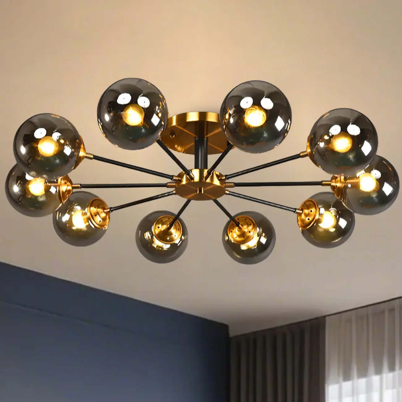 6-Light Smoke Grey Glass Globe Modern Semi Flush Ceiling Light Image - 14 | homeyfad