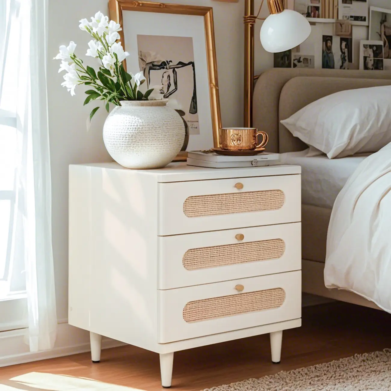 Mid-Century White Wood Nightstand with 3 Drawers Image - 1 | homeyfad