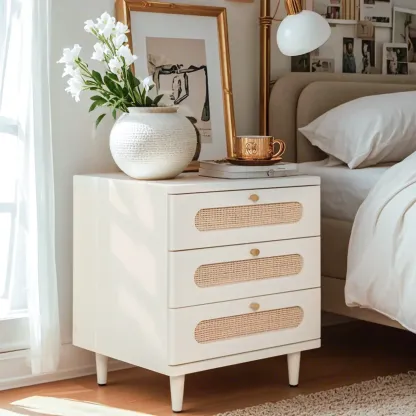 Mid-Century White Wood Nightstand with 3 Drawers Image - 1