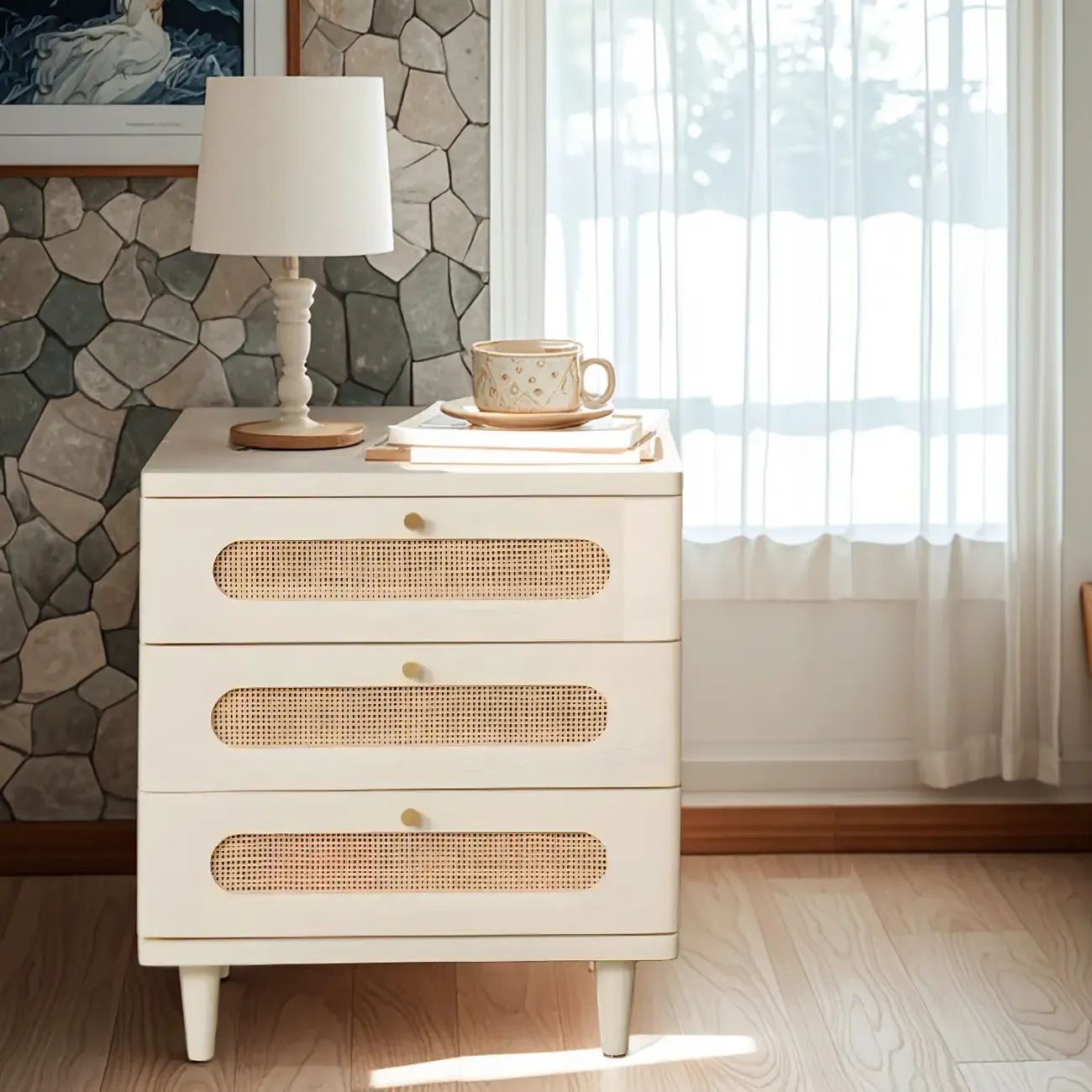 Mid-Century White Wood Nightstand with 3 Drawers Image - 2