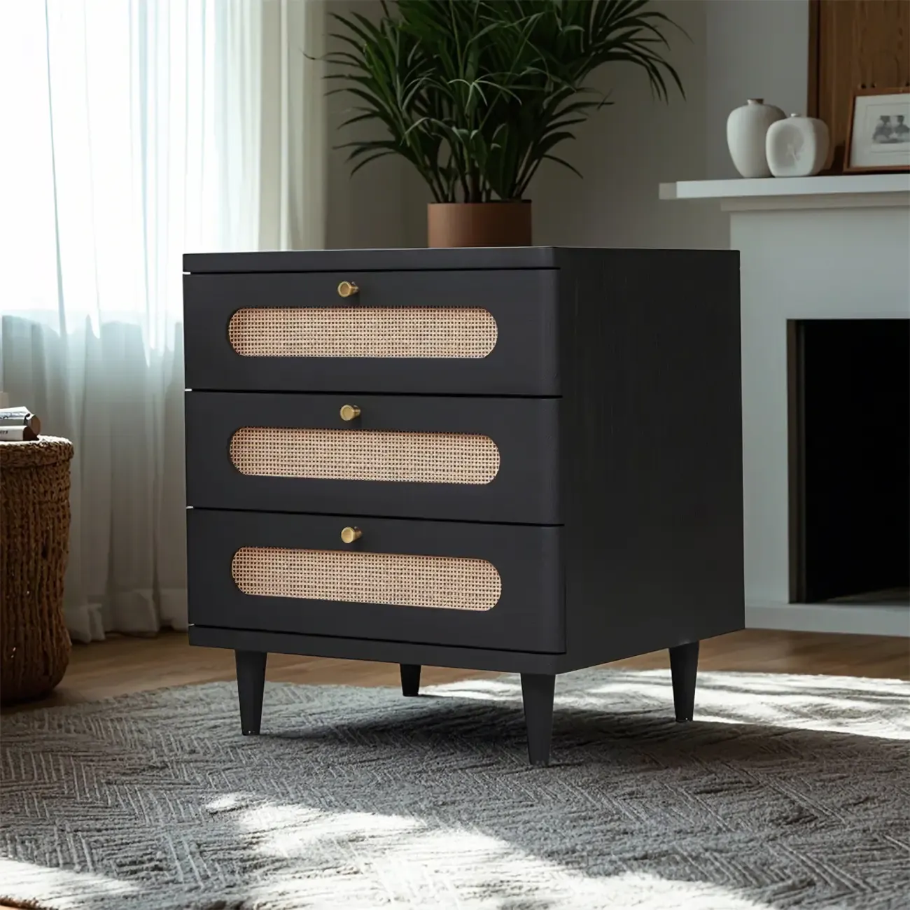 Mid-Century White Wood Nightstand with 3 Drawers Image - 3