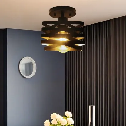 Geometric Black Industrial Iron Semi Flush Ceiling Light Image - 1