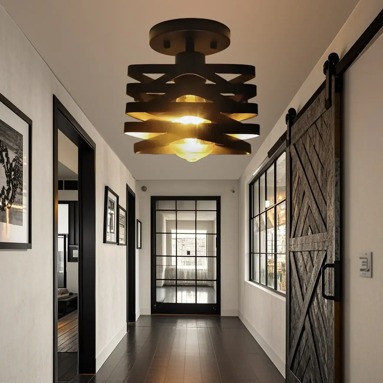 Geometric Black Industrial Iron Semi Flush Ceiling Light Image - 2