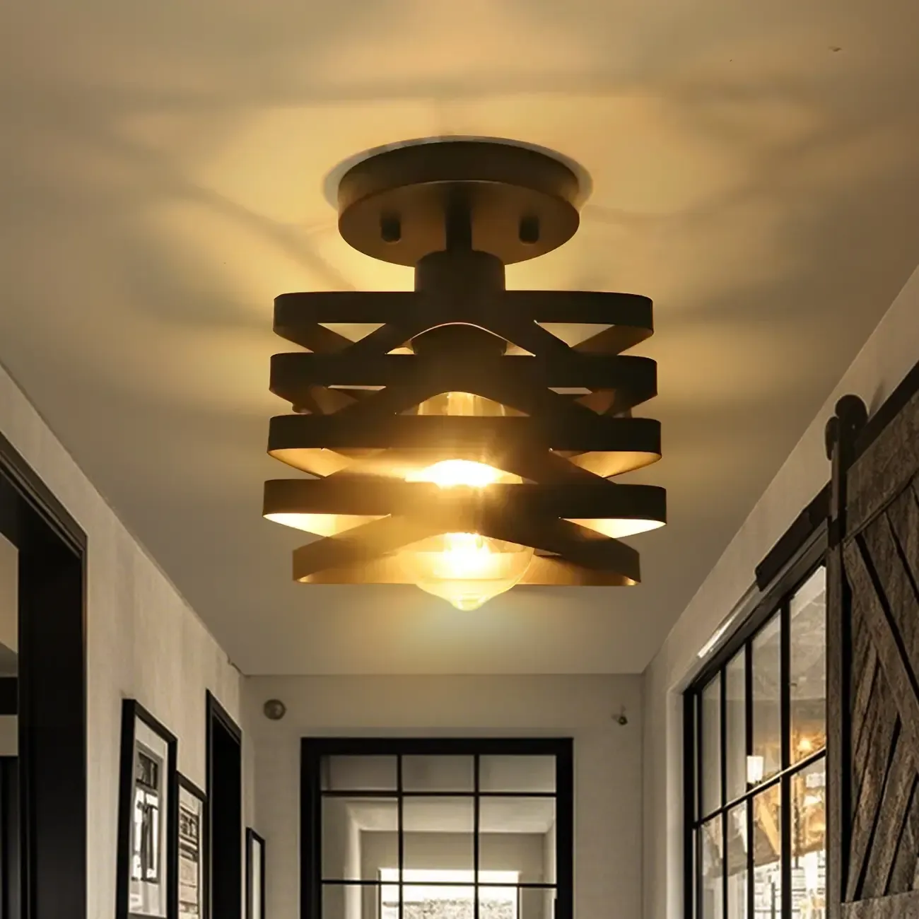 Geometric Black Industrial Iron Semi Flush Ceiling Light Image - 3