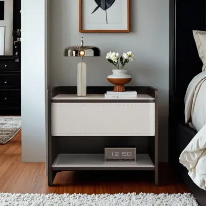 Modern Wood Frame Nightstand with Leather Top Drawer Storage Image - 1