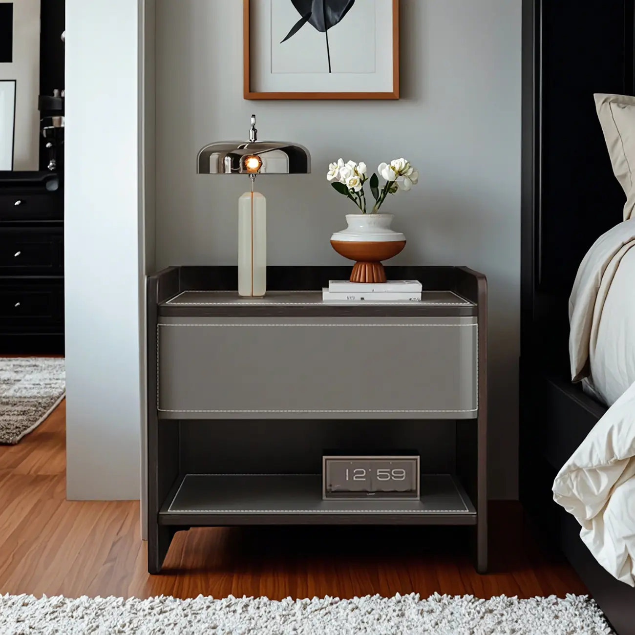 Modern Wood Frame Nightstand with Leather Top Drawer Storage Image - 3 | homeyfad