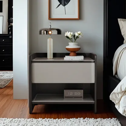 Modern Wood Frame Nightstand with Leather Top Drawer Storage Image - 4