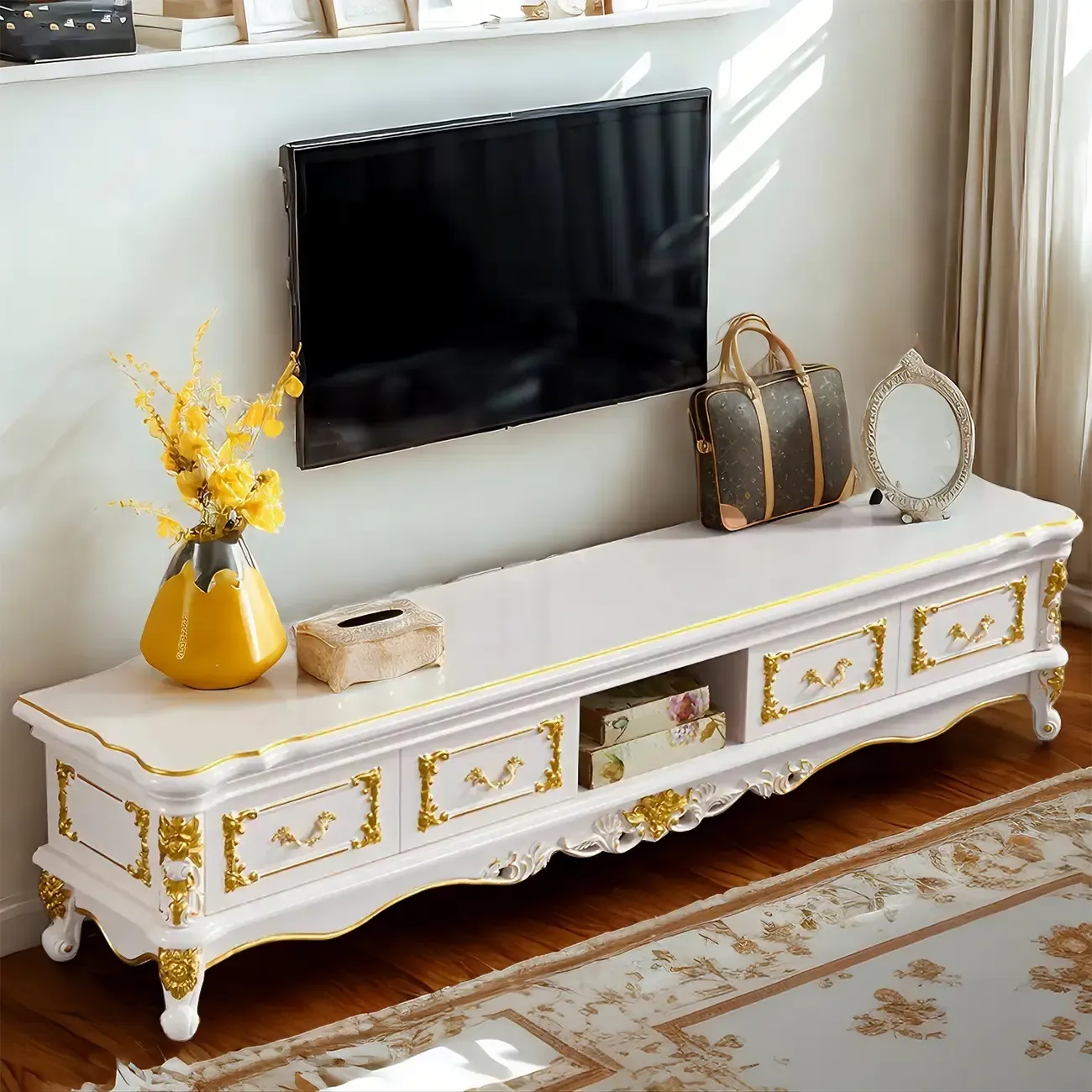 Luxurious Wooden TV Stand with Marble Top & Legs for Restroom Image - 1