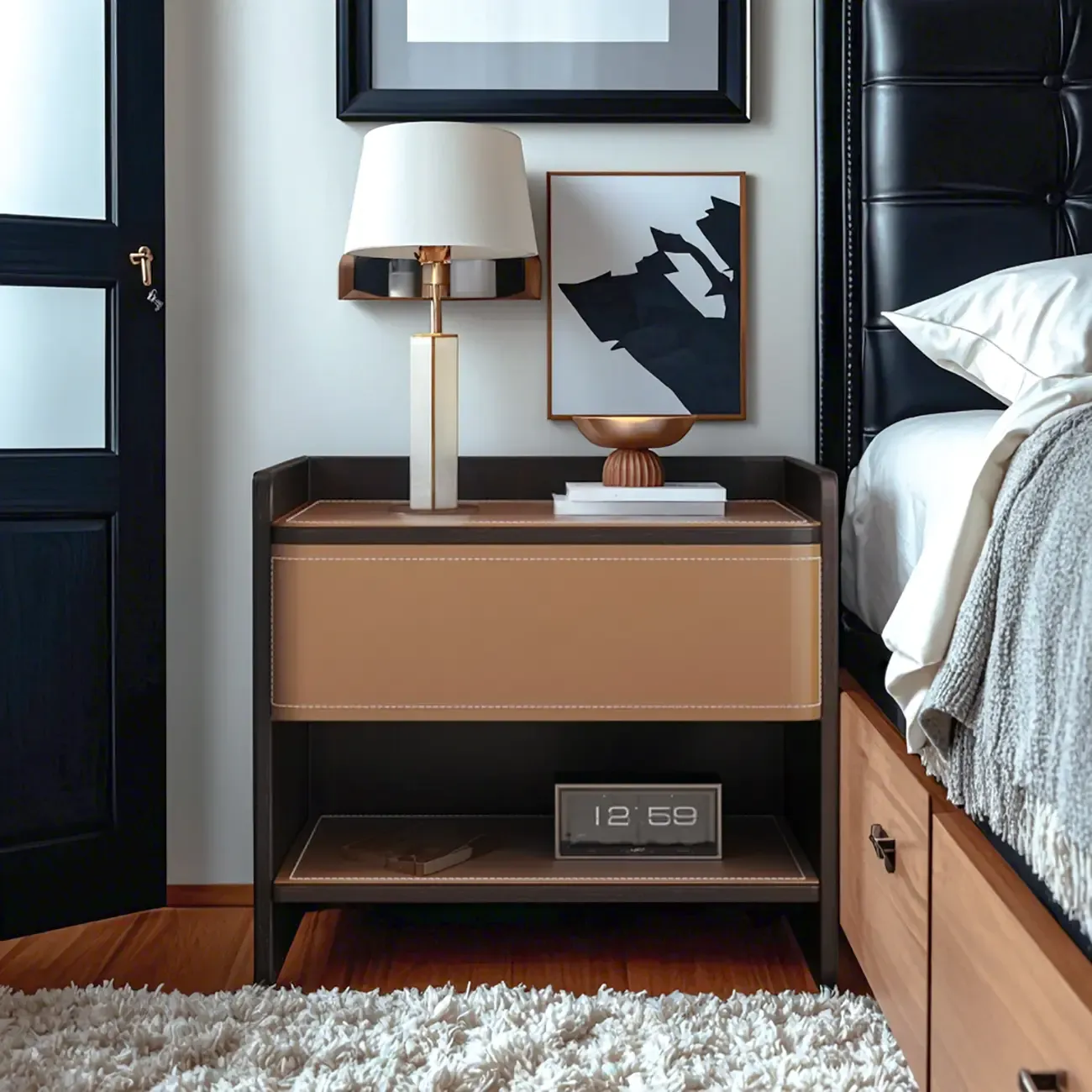 Modern Wood Frame Nightstand with Leather Top Drawer Storage Image - 2