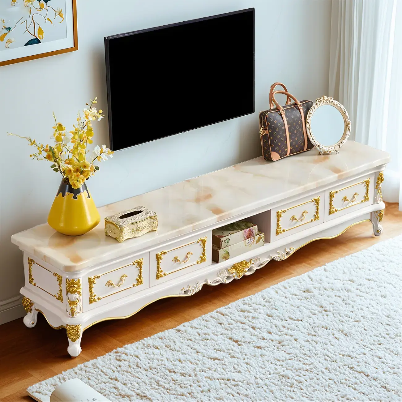 Luxurious Wooden TV Stand with Marble Top & Legs for Restroom Image - 2 | homeyfad