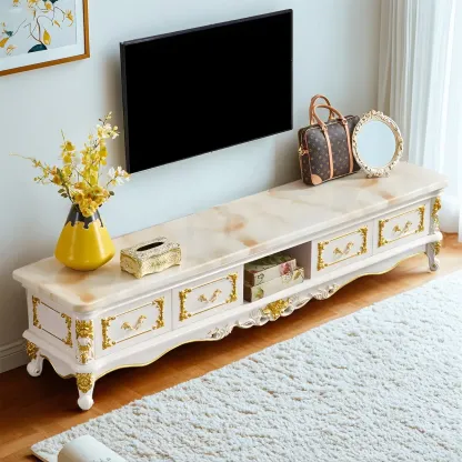 Luxurious Wooden TV Stand with Marble Top & Legs for Restroom Image - 2