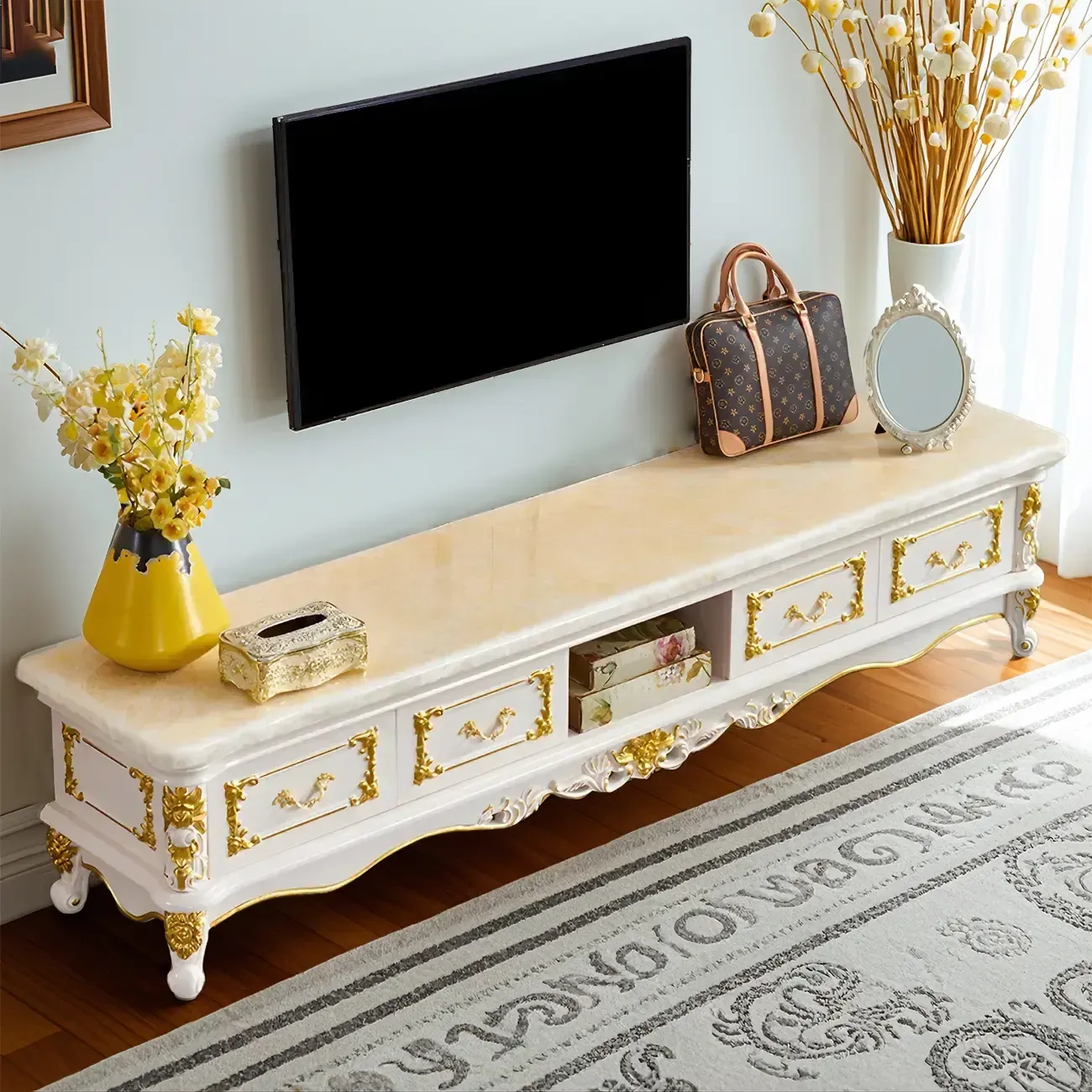 Luxurious Wooden TV Stand with Marble Top & Legs for Restroom Image - 3