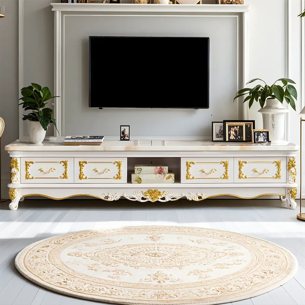 Luxurious Wooden TV Stand with Marble Top & Legs for Restroom Image - 4