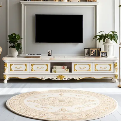 Luxurious Wooden TV Stand with Marble Top & Legs for Restroom Image - 4