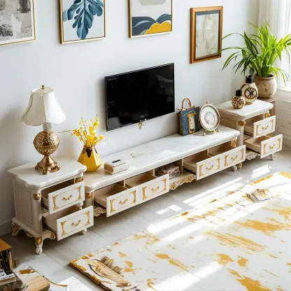 Luxurious Wooden TV Stand with Marble Top & Legs for Restroom Image - 5