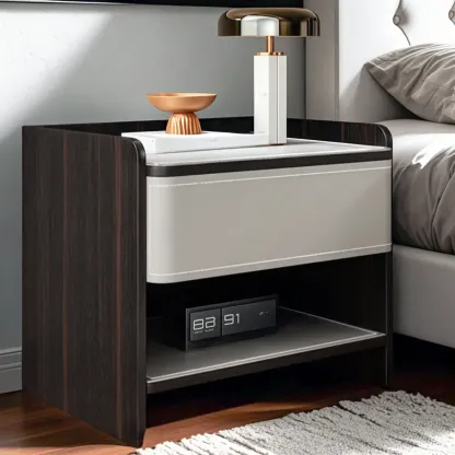 Modern Wood Frame Nightstand with Leather Top Drawer Storage Image - 5